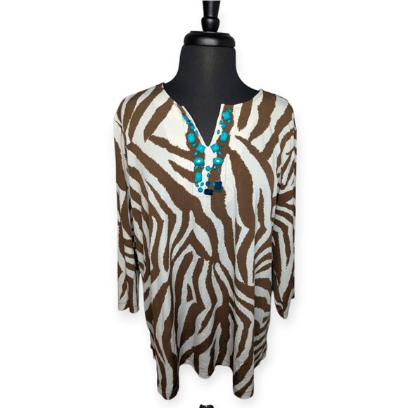 Susan Graver Brown & White Animal Print Long Sleeve Top Turquoise Accent Beads - Picture 1 of 15